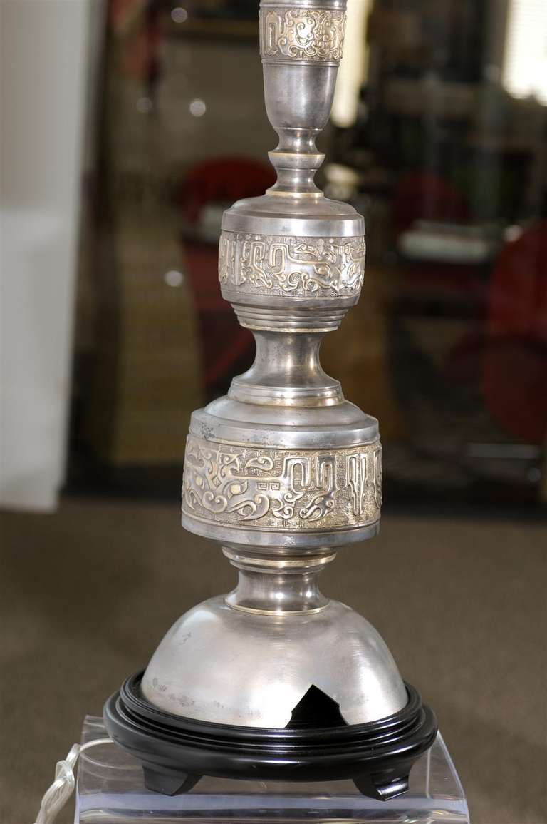 Majestic Pair of Pewter and Brass Marbro Lamps For Sale 4