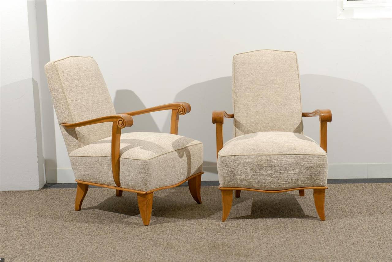 Chic pair of 1940s French armchairs restored and French polished. Upholstered in a Theo chenille texture contrast cording by Jane Shelton.
Extremely sophisticated and comfortable.