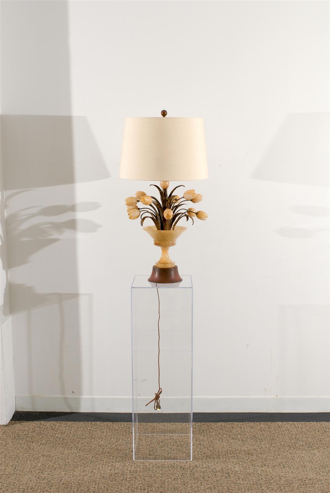 Mid-Century Modern Alabaster Lamp with Tulips