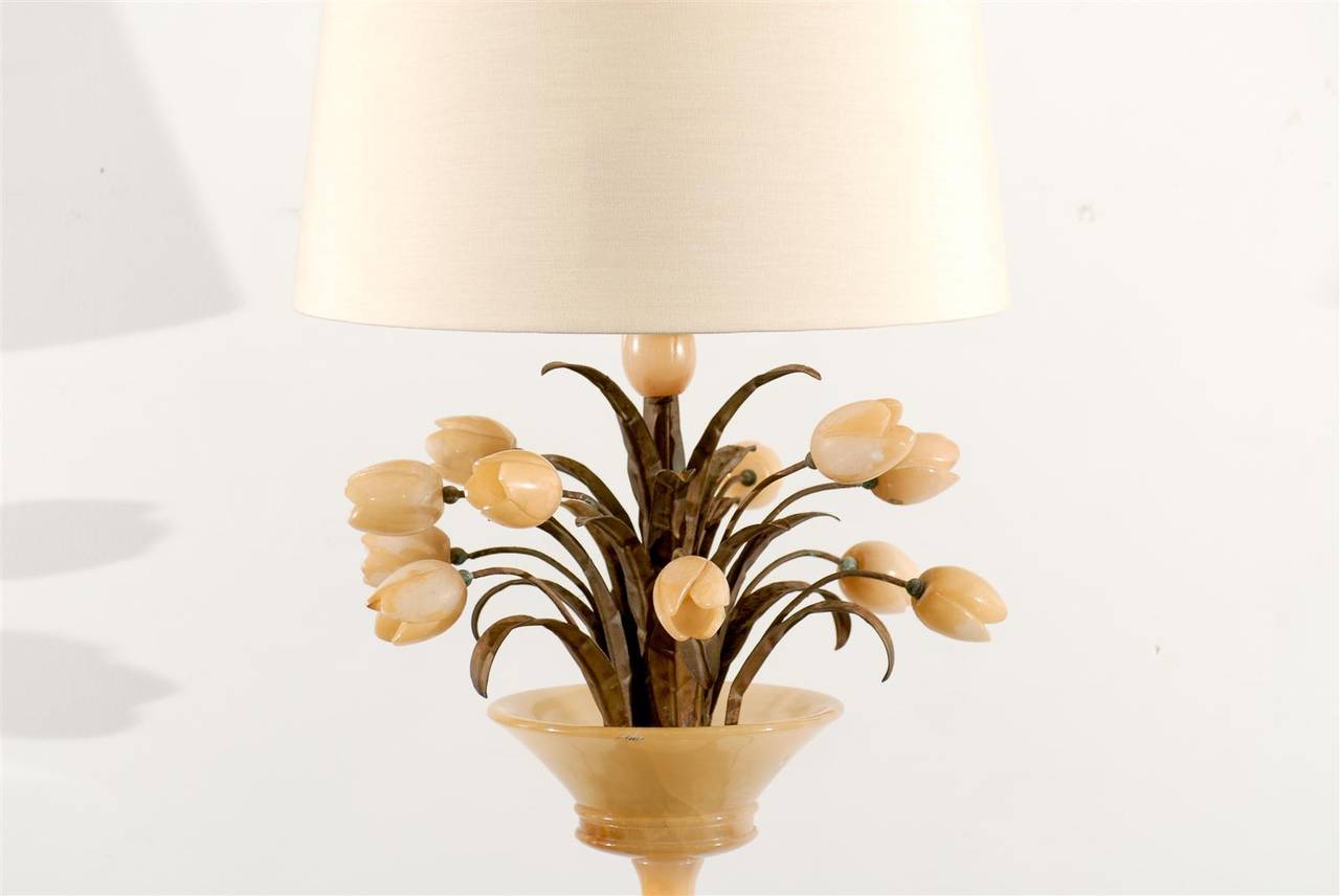 Alabaster Lamp with Tulips In Excellent Condition In Atlanta, GA