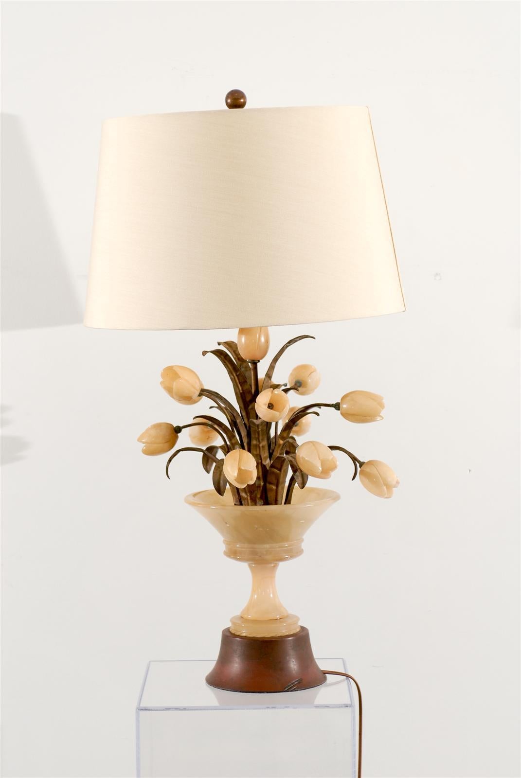 Alabaster Lamp with Tulips at 1stDibs