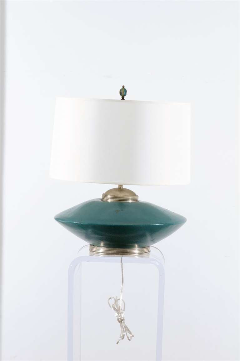 Mid-20th Century Stunning Pair of Turquoise Ceramic and Silver Lamps by Orno