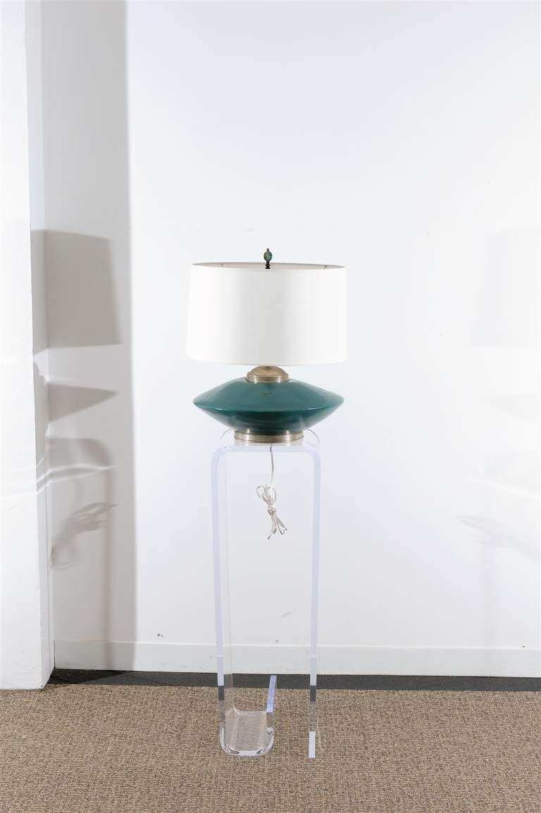 Stunning Pair of Turquoise Ceramic and Silver Lamps by Orno 3