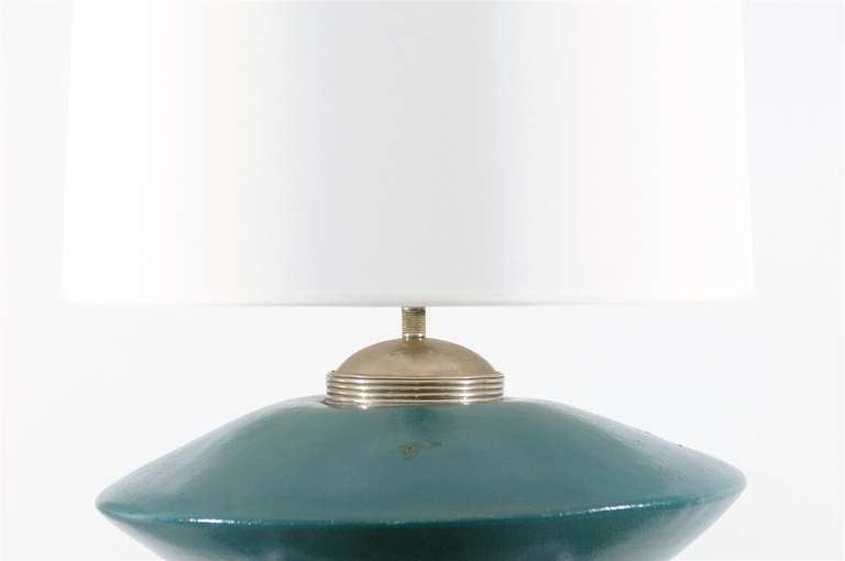 Finnish Stunning Pair of Turquoise Ceramic and Silver Lamps by Orno