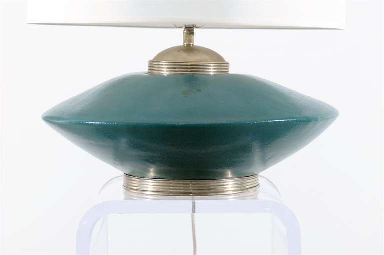 Mid-Century Modern Stunning Pair of Turquoise Ceramic and Silver Lamps by Orno