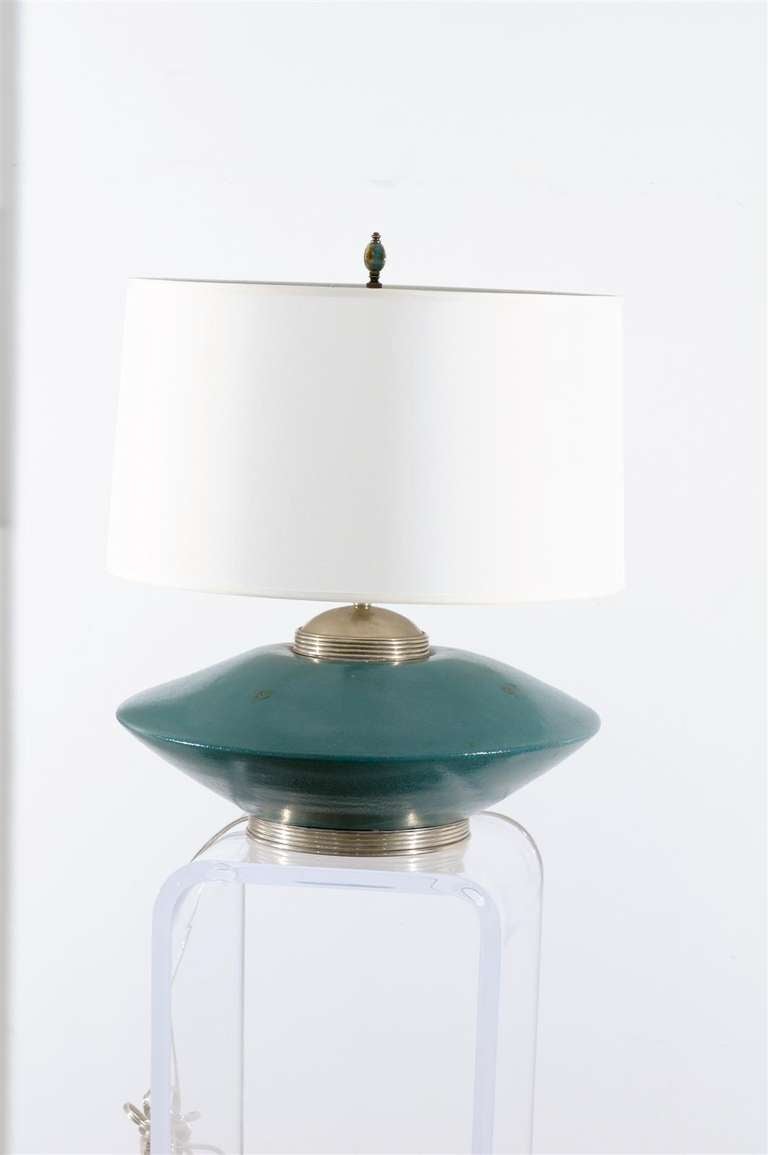 Stunning Pair of Turquoise Ceramic and Silver Lamps by Orno In Excellent Condition In Atlanta, GA