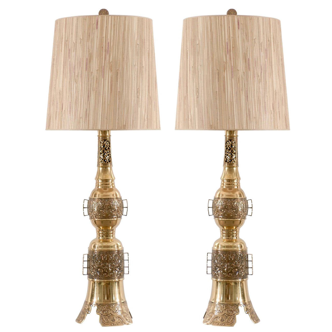 Pair of Asian Brass Lamps in the John Mont Style For Sale at 1stDibs