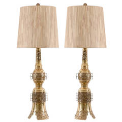 Pair of Asian Brass Lamps in the John Mont Style