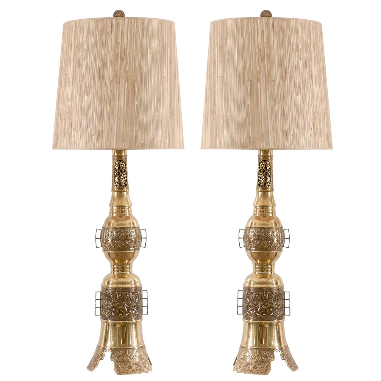 Pair of Asian Brass Lamps in the John Mont Style For Sale