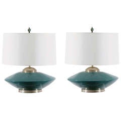 Vintage Stunning Pair of Turquoise Ceramic and Silver Lamps by Orno