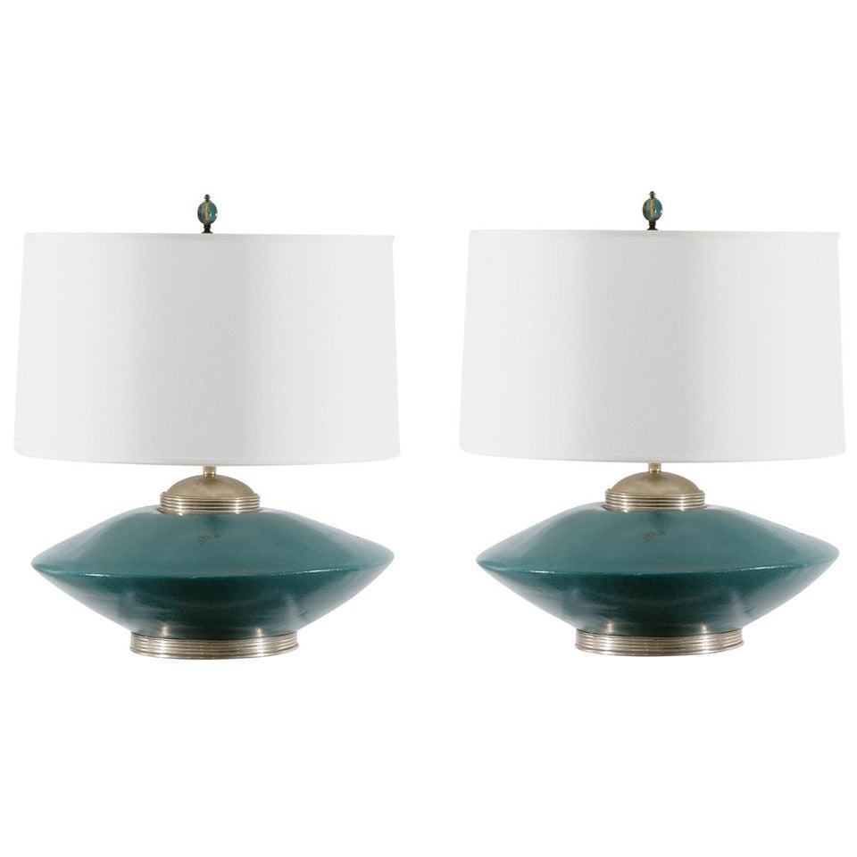Stunning Pair of Turquoise Ceramic and Silver Lamps by Orno