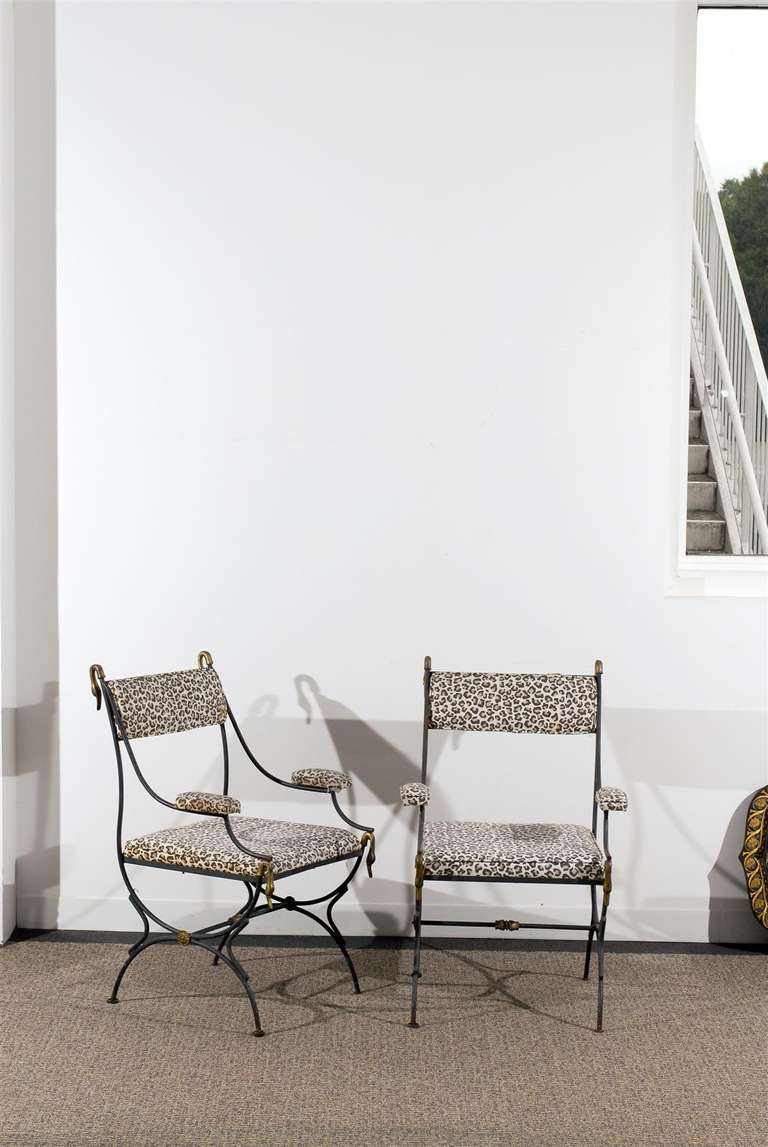 American Pair of Directoire Style Armchairs in Iron and Brass