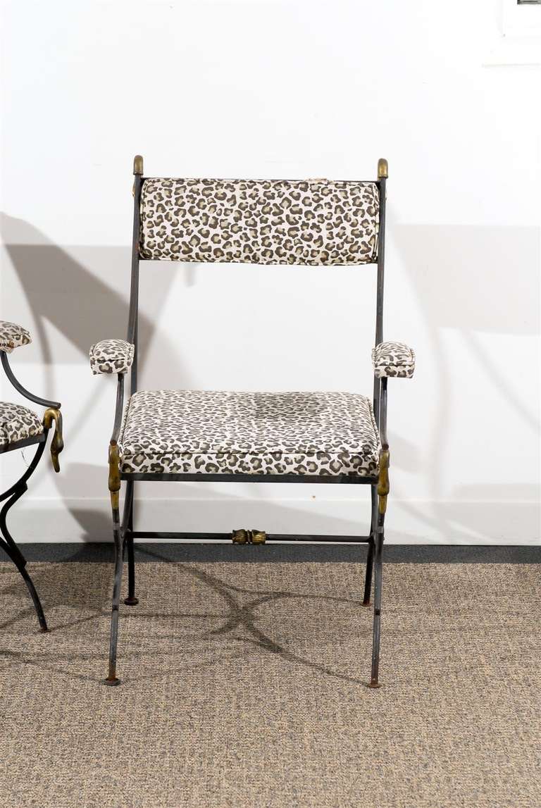 Mid-20th Century Pair of Directoire Style Armchairs in Iron and Brass