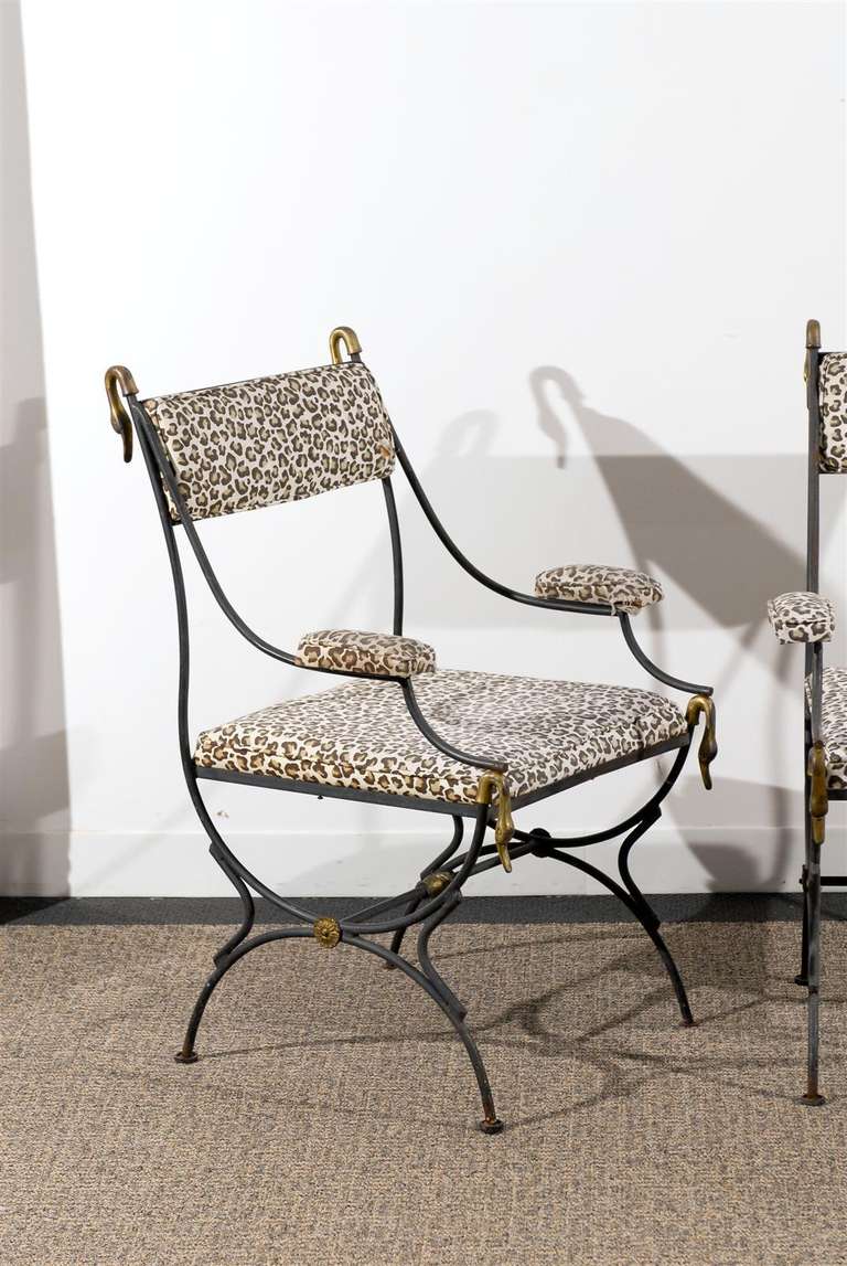 Pair of Directoire Style Armchairs in Iron and Brass 1