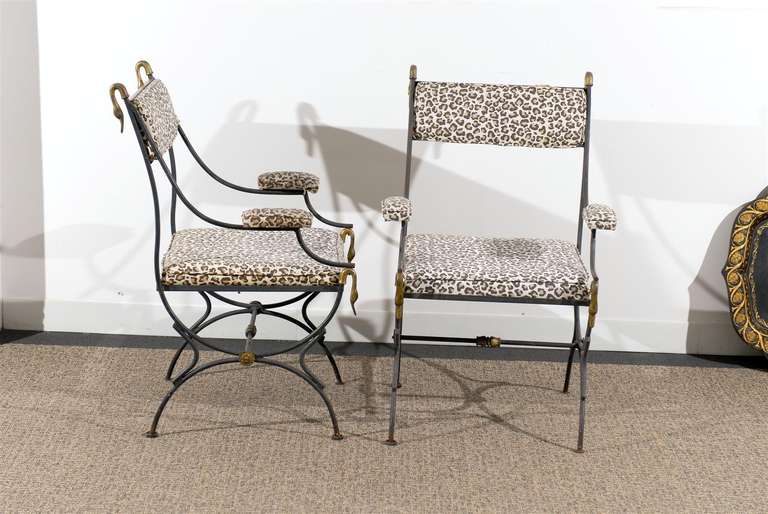Pair of Directoire Style Armchairs in Iron and Brass In Good Condition In Atlanta, GA
