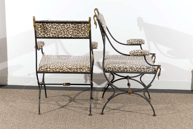 Pair of Directoire Style Armchairs in Iron and Brass 4