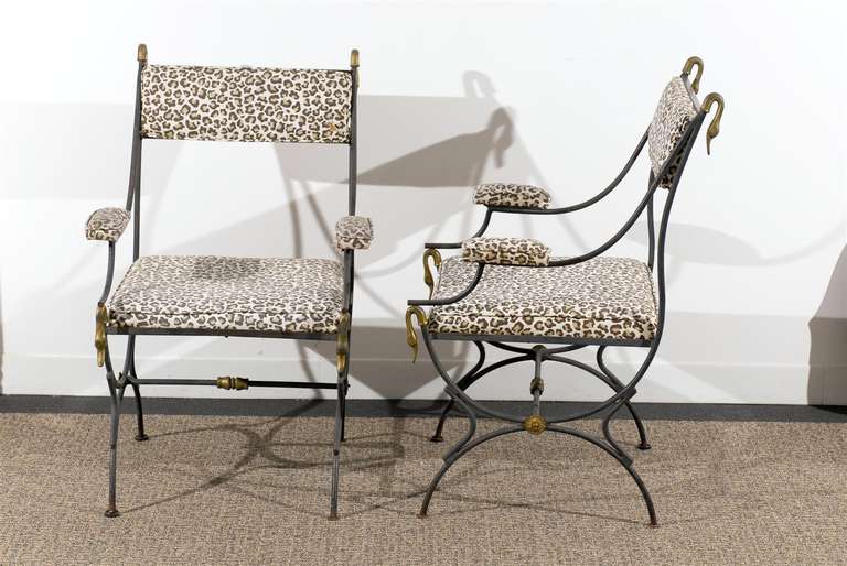 Pair of Directoire Style Armchairs in Iron and Brass 5