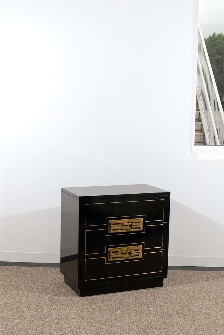 Mid-Century Modern Beautiful Black Lacquered Three-Drawer Chest with Chic Brass Pulls