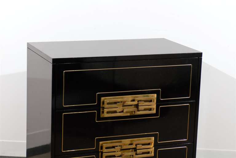 Beautiful Black Lacquered Three-Drawer Chest with Chic Brass Pulls 2