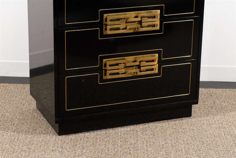 Beautiful Black Lacquered Three-Drawer Chest with Chic Brass Pulls 3