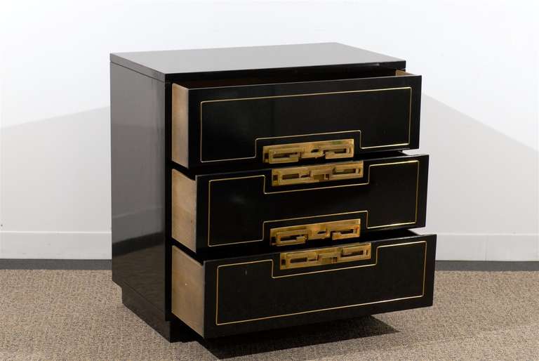 Beautiful Black Lacquered Three-Drawer Chest with Chic Brass Pulls In Excellent Condition In Atlanta, GA