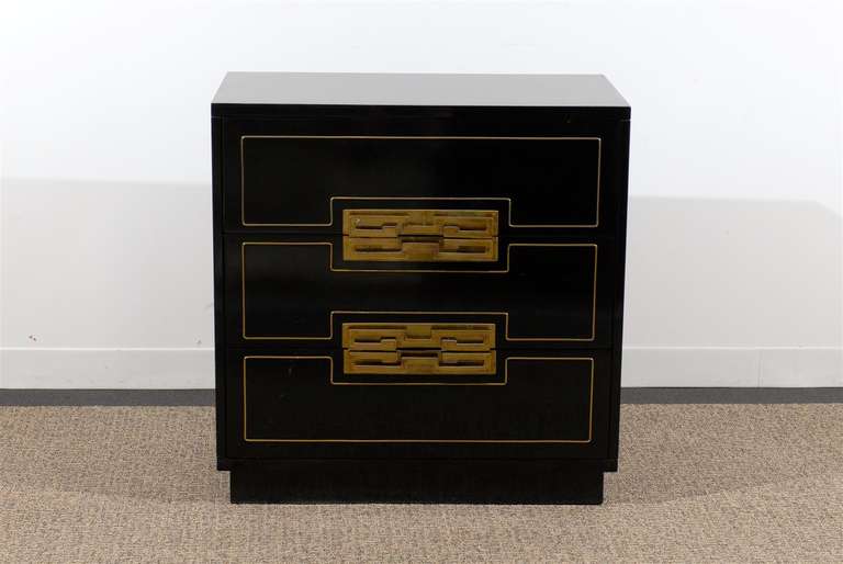 Beautiful Black Lacquered Three-Drawer Chest with Chic Brass Pulls 4