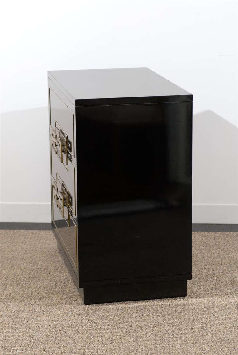 American Beautiful Black Lacquered Three-Drawer Chest with Chic Brass Pulls