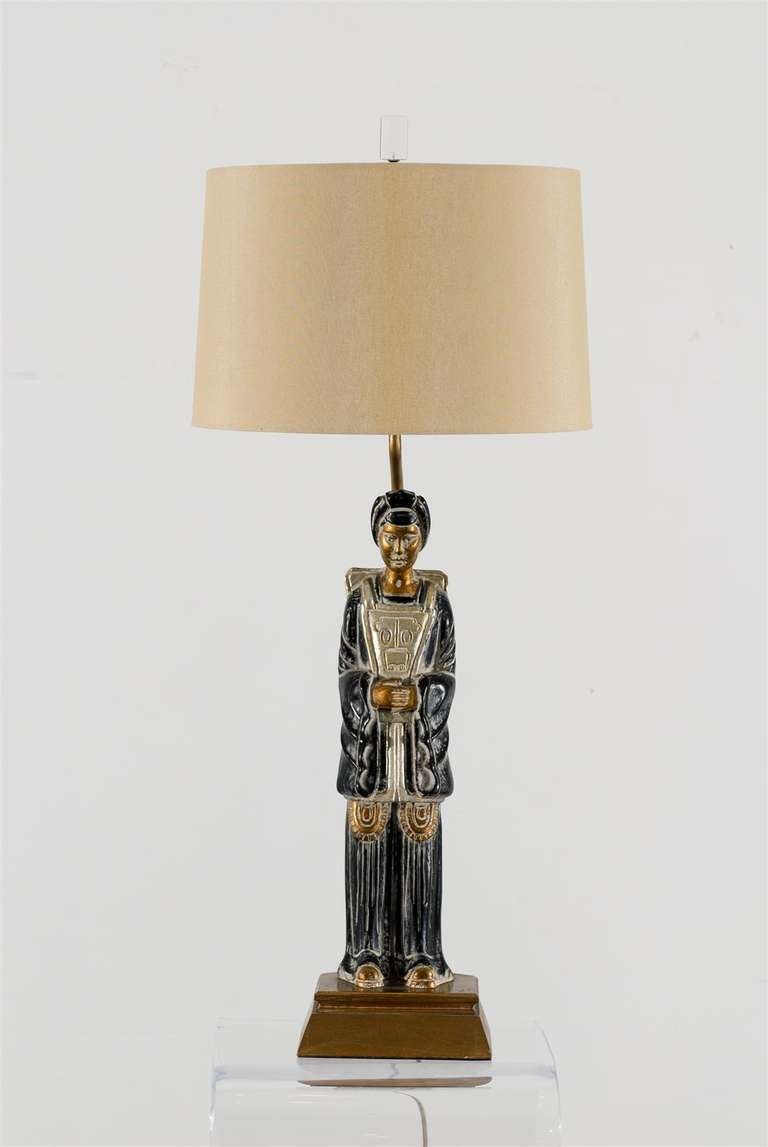 Mid-20th Century Chic Pair of Asian Figure Lamps