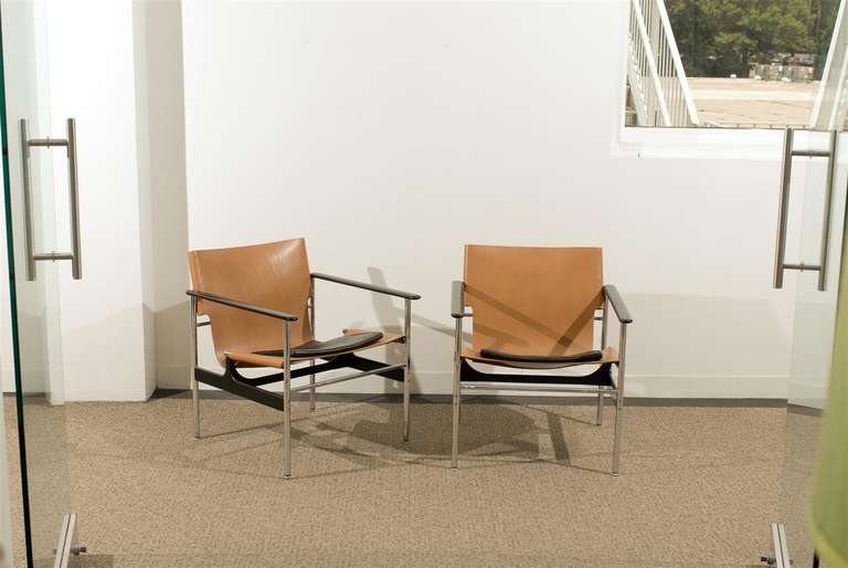 Mid-Century Modern Beautiful Pair of Charles Pollock 657 Leather Sling Lounge Chairs by Knoll