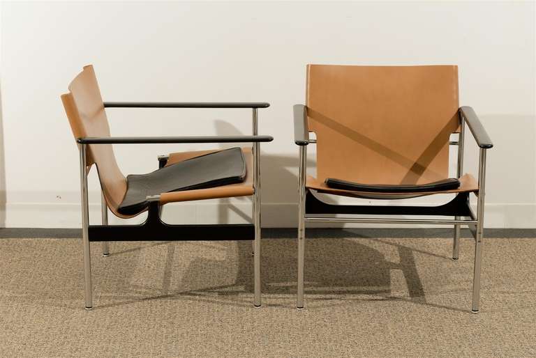 Beautiful Pair of Charles Pollock 657 Leather Sling Lounge Chairs by Knoll 4