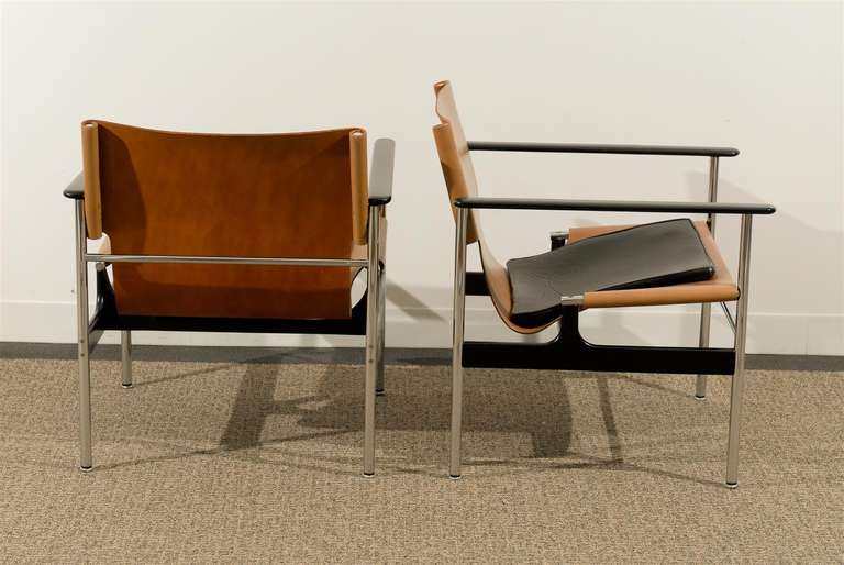 Beautiful Pair of Charles Pollock 657 Leather Sling Lounge Chairs by Knoll 2