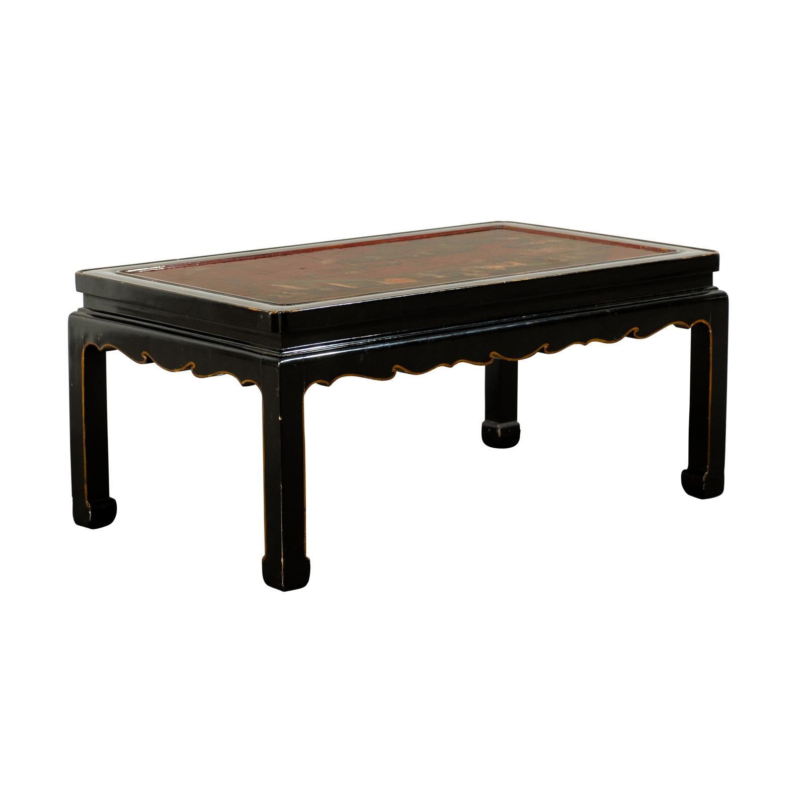 Black Lacquered, Chinese Style Coffee Table with Red Chinnoiserie Panel Top For Sale