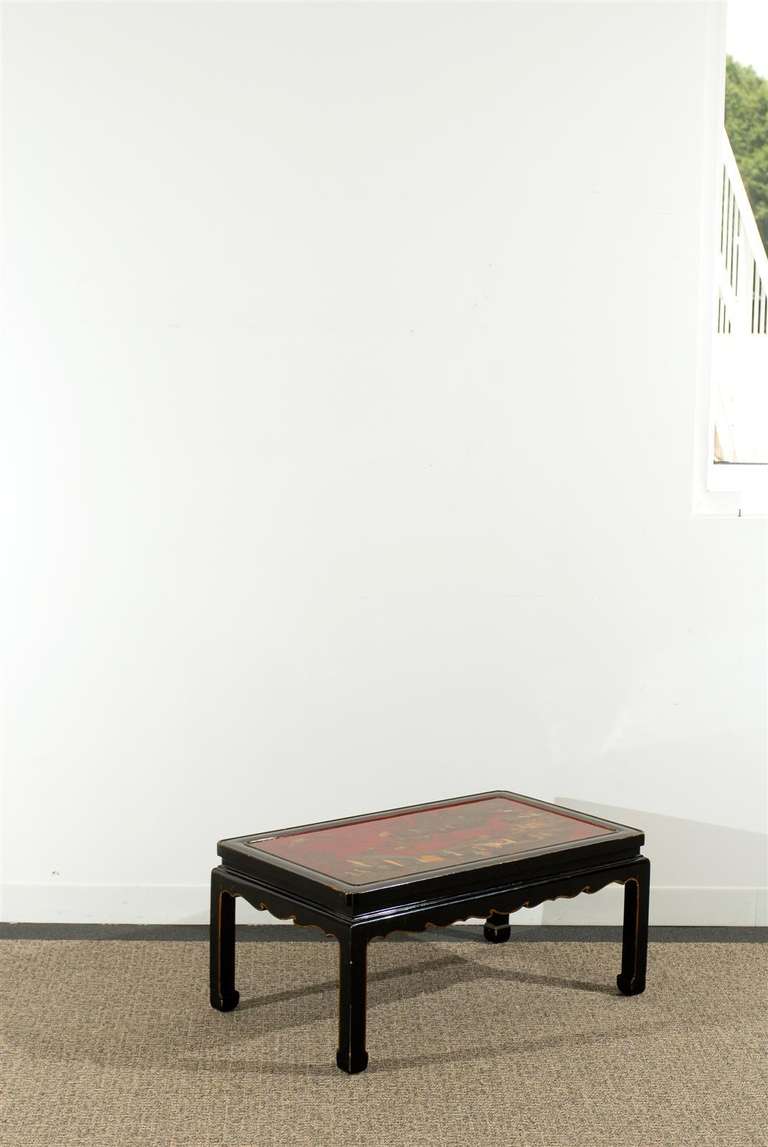 Chinese Chippendale Black Lacquered, Chinese Style Coffee Table with Red Chinnoiserie Panel Top For Sale