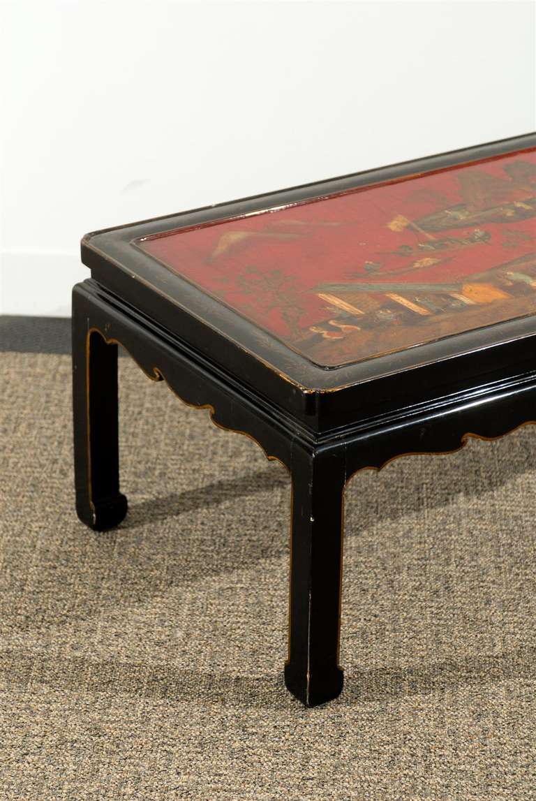 Black Lacquered, Chinese Style Coffee Table with Red Chinnoiserie Panel Top In Excellent Condition For Sale In Atlanta, GA