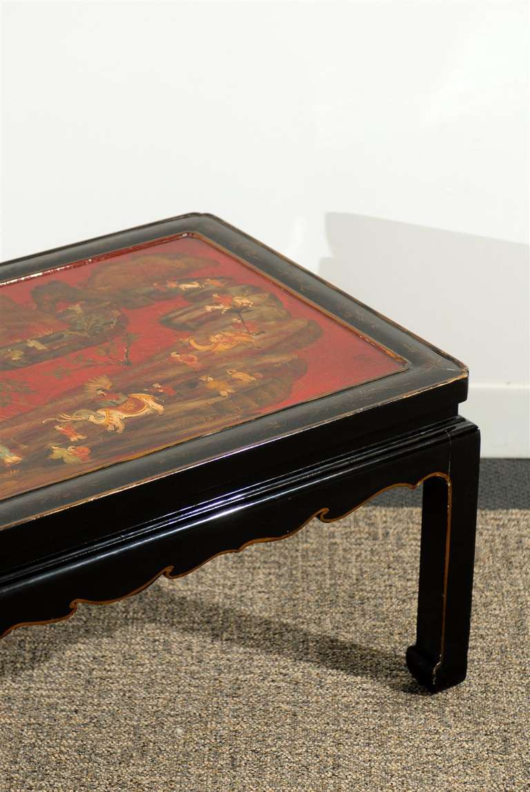 Paint Black Lacquered, Chinese Style Coffee Table with Red Chinnoiserie Panel Top For Sale