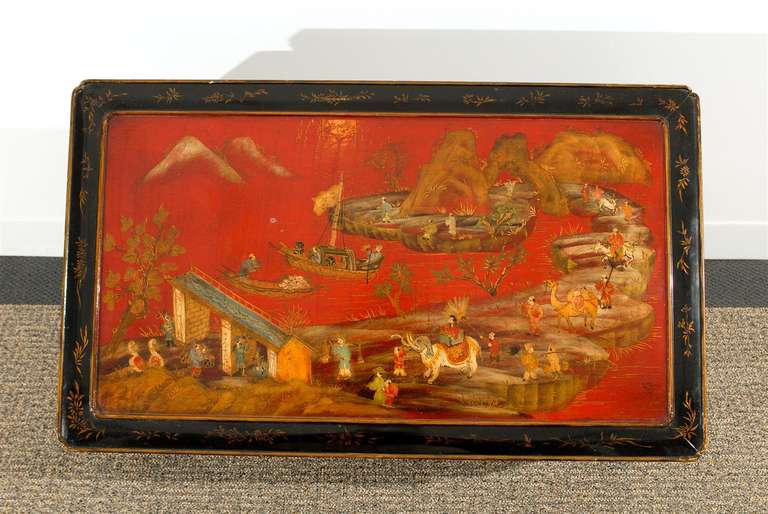 Black Lacquered, Chinese Style Coffee Table with Red Chinnoiserie Panel Top For Sale 3