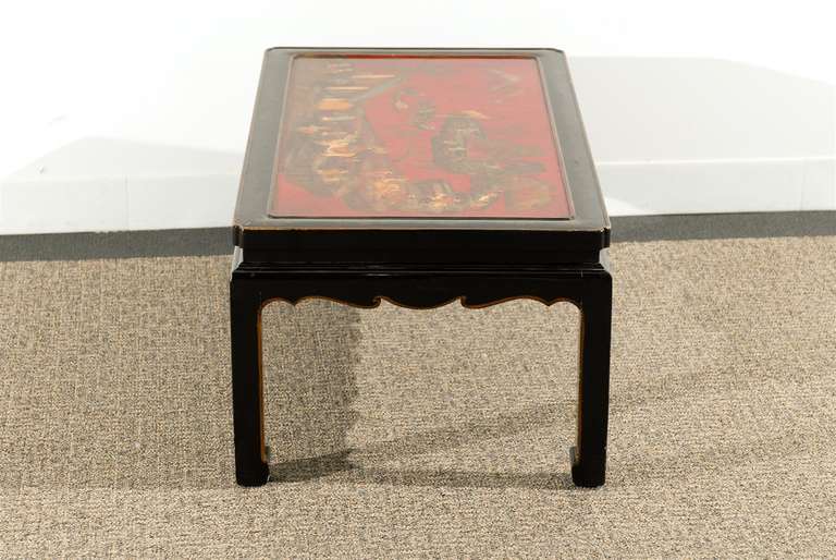 Black Lacquered, Chinese Style Coffee Table with Red Chinnoiserie Panel Top For Sale 2