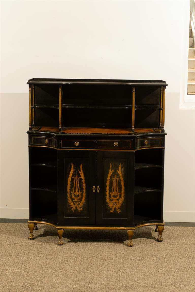 Charming late 19th century Regency Style painted Sideboard or Cabinet <br />
Brass pulls and antique gilt accents and greek key border on top.