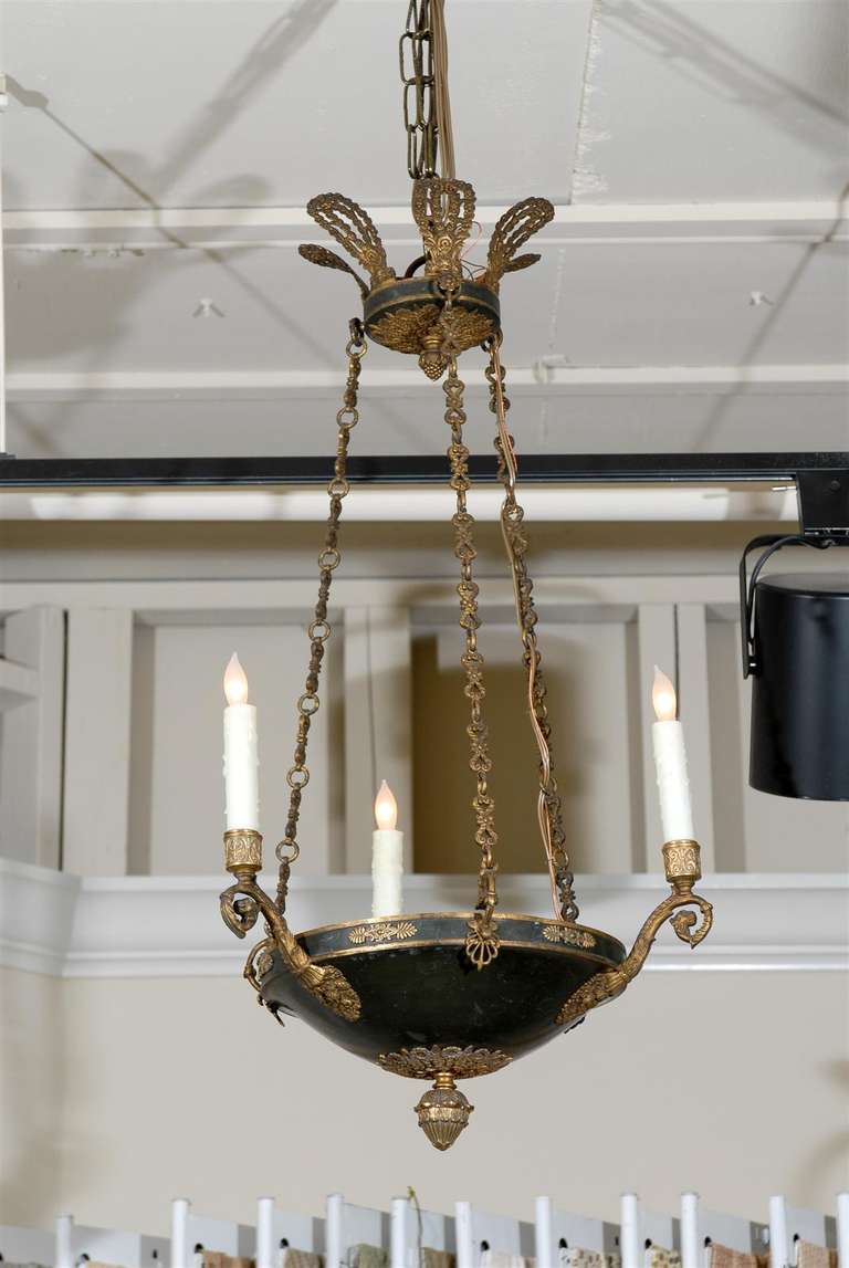 Beautiful three light painted tole and bronze Empire style chandelier, circa 1820