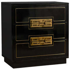 Beautiful Black Lacquered Three-Drawer Chest with Chic Brass Pulls