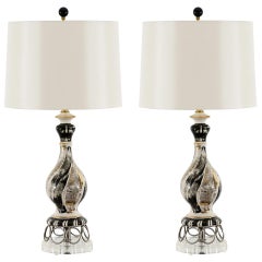 Exquisite Pair of Vintage Ceramic Lamps in Black, Silver and Gold