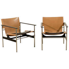 Beautiful Pair of Charles Pollock 657 Leather Sling Lounge Chairs by Knoll