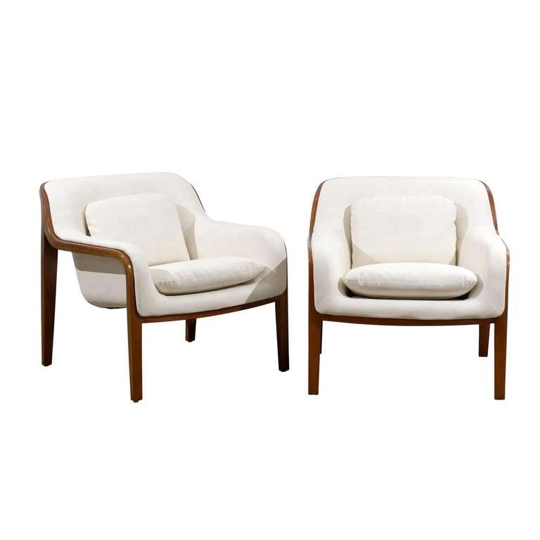 Mid-Century Modern Restored Pair of Bill Stephens Walnut Lounge Chairs in Cream Leather