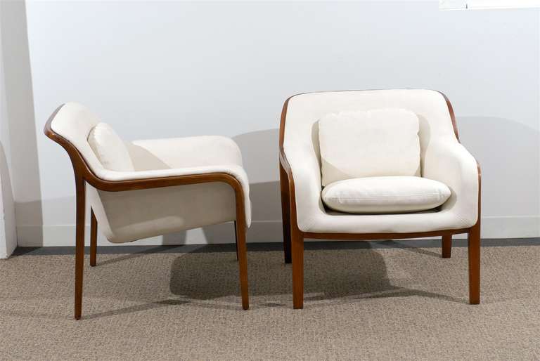 American Restored Pair of Bill Stephens Walnut Lounge Chairs in Cream Leather