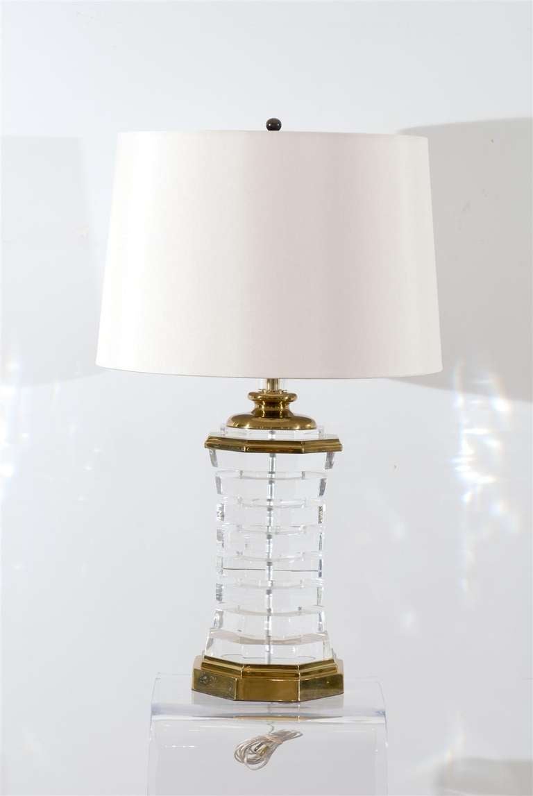 Modern Octagonal Lucite and Brass Lamp