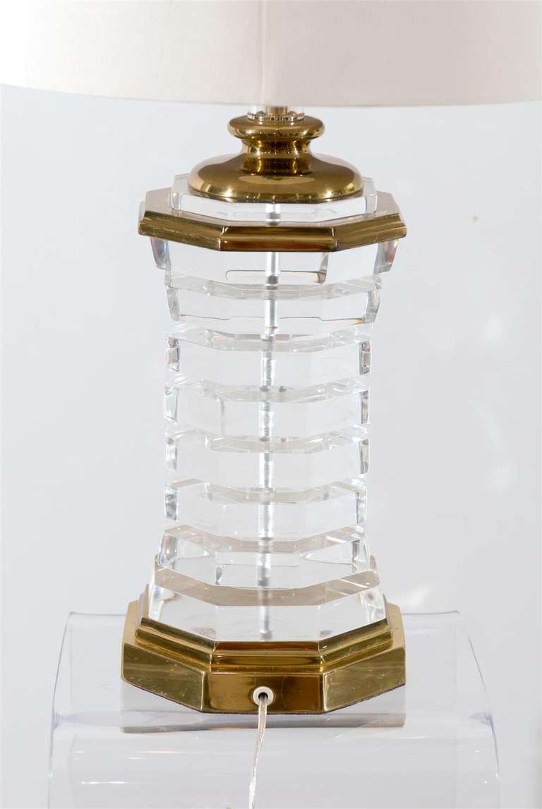 Late 20th Century Octagonal Lucite and Brass Lamp