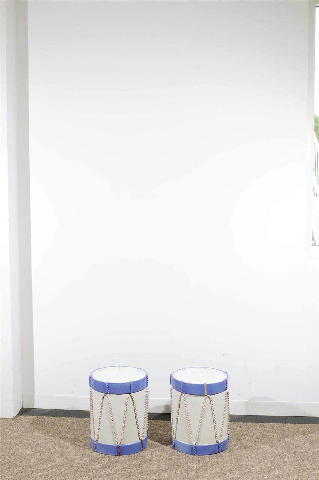 Maiolica Ceramics Pair of Terracotta Glazed Drum Garden Seats or Side Tables