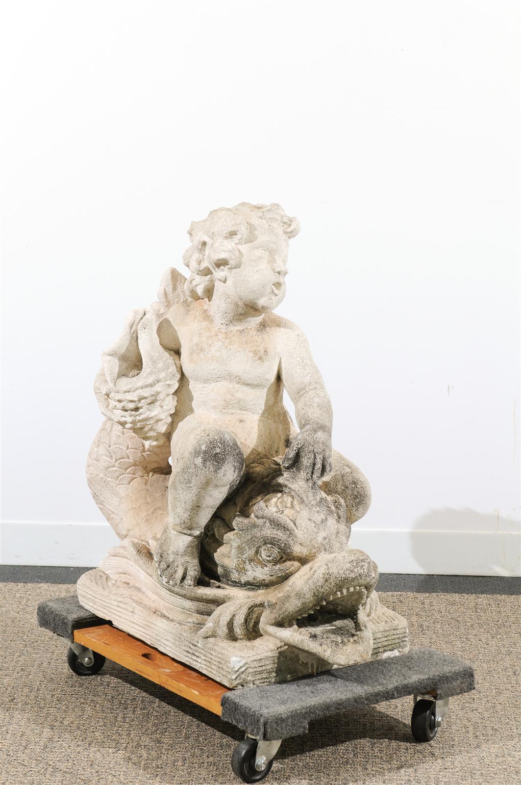 Charming 19th Century Stone Fountain with Cherub Holding a Shell. Water cascades from Dolphin`s Mouth. Great as a fountain or Garden Sculpture.