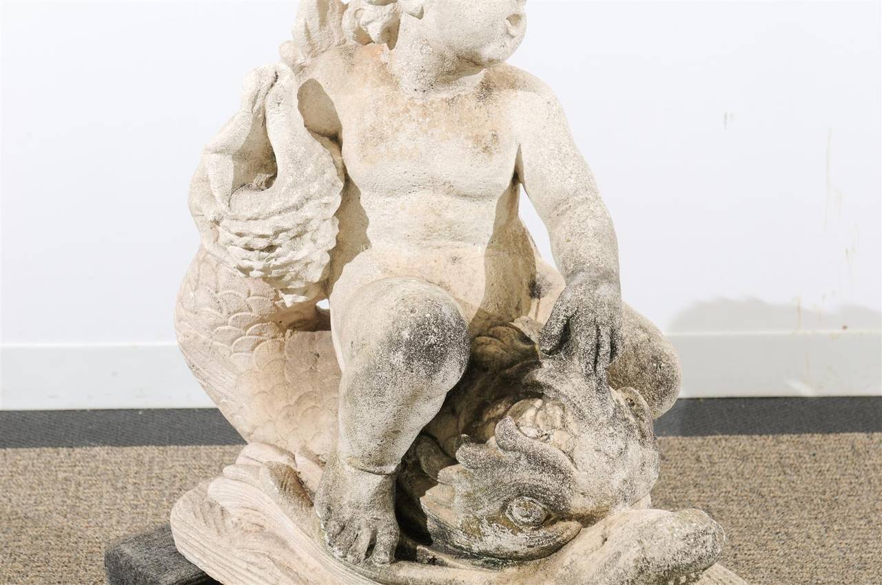 European Fountain in Stone with Dolphin and Cherub