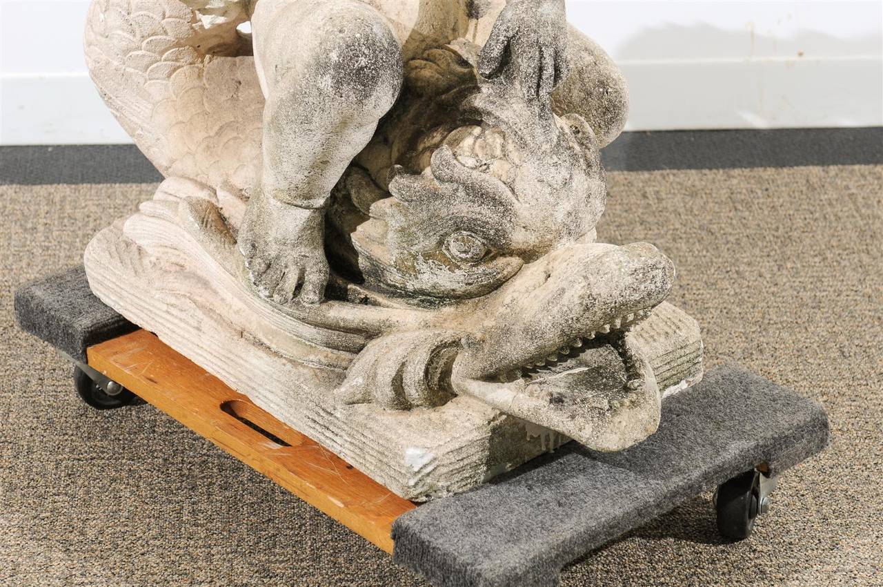 Cast Stone Fountain in Stone with Dolphin and Cherub